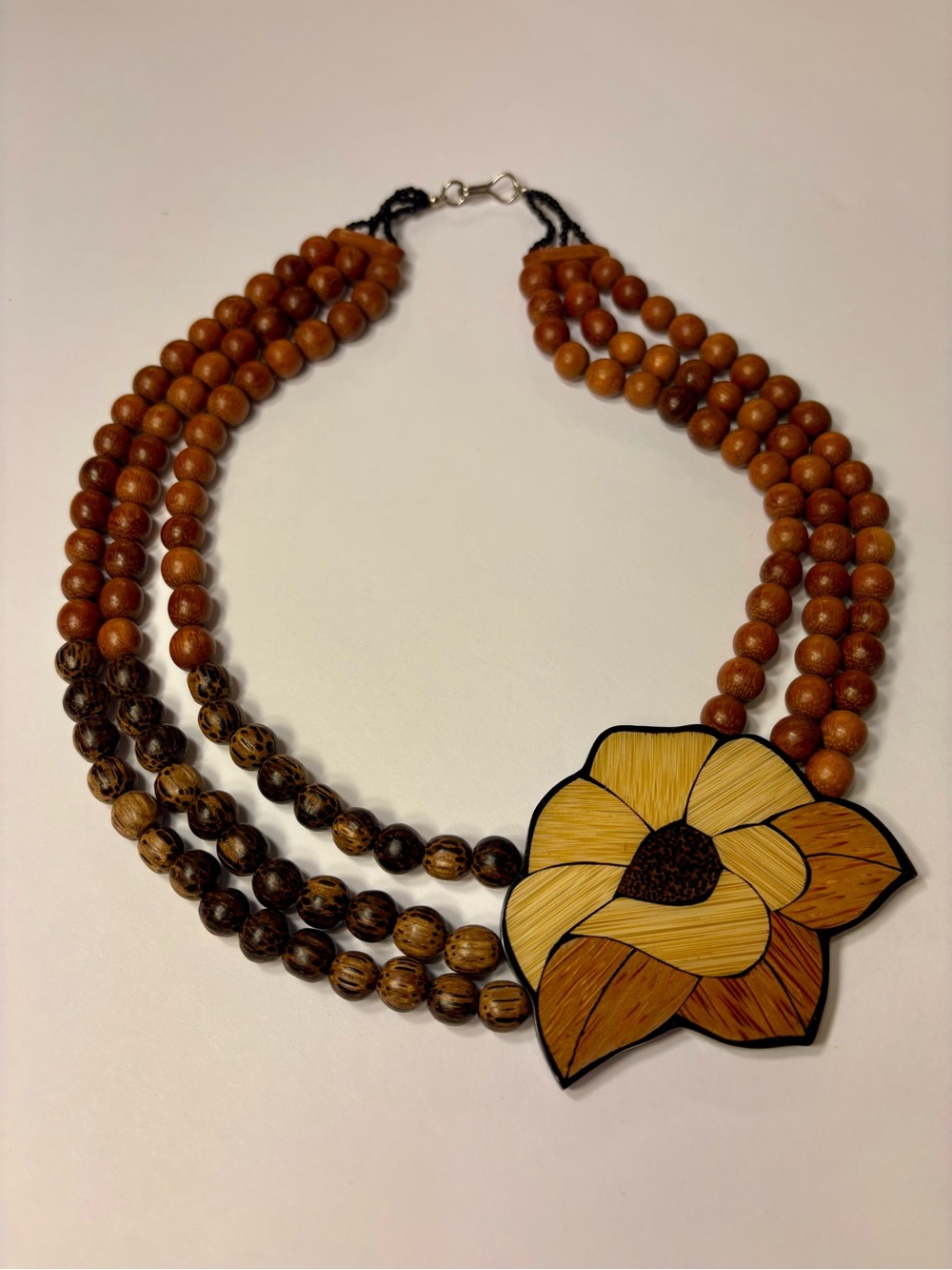 Handcrafted Brown Wooden Beaded Necklace with Floral Pendant Patikan Beads
